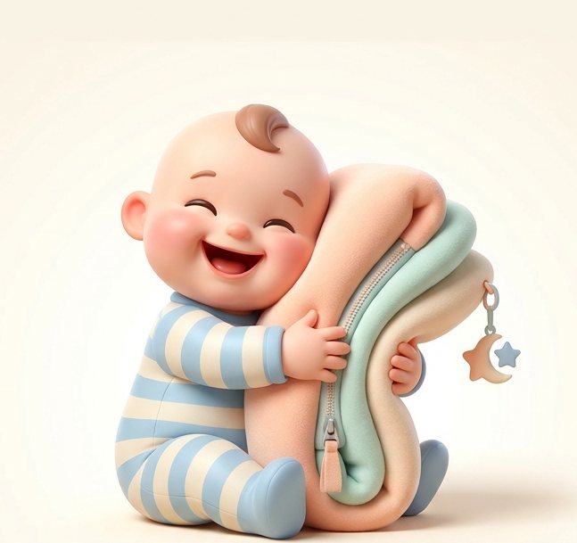 Illustration of a laughing baby hugging a stack of soft Clingy Baby blankets with a zipper pocket