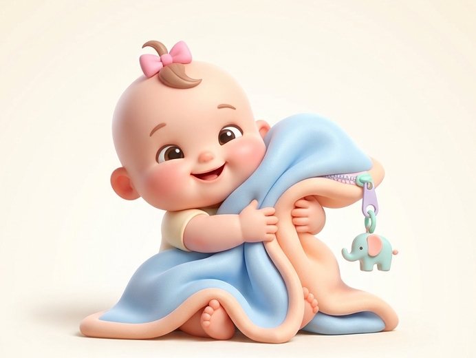 Illustration of a smiling baby wrapped up in a blue Clingy Baby blanket with an elephant zipper charm